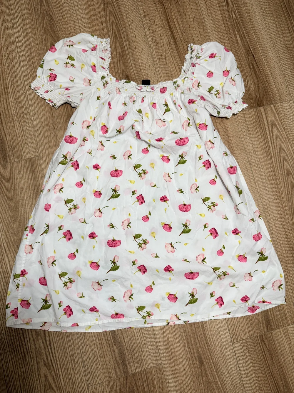 J. Crew White Floral Smocked Square-Neck Chemise with Pink Rose Print